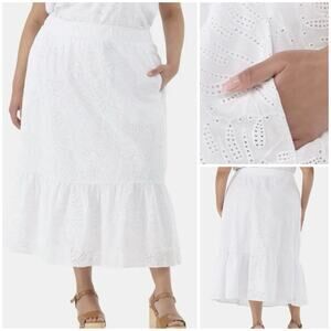 White Eyelet Midi Skirt 1X Tiered Cotton Boho Cottagecore Elastic Waist